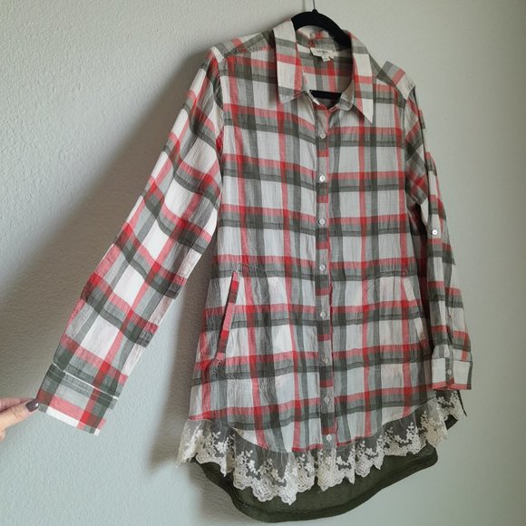 Umgee Mixed Media Plaid Button Up Convertible Sleeve Tunic Lace Trim Size S - Picture 2 of 13